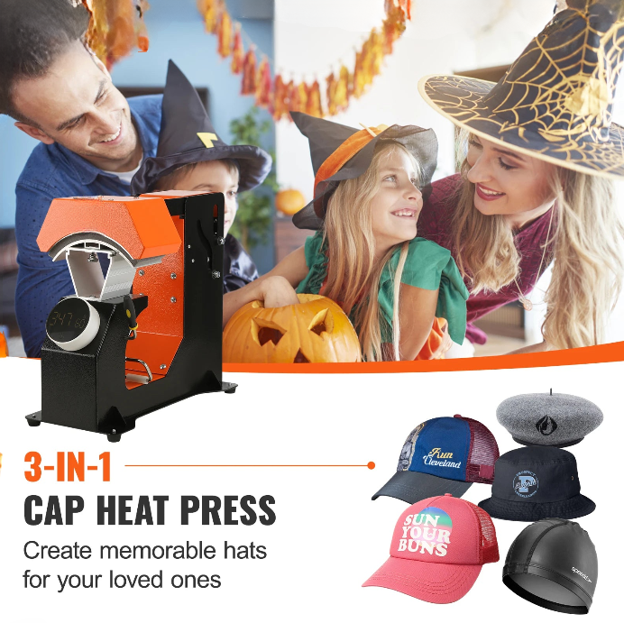 Warmte Pers - 3-in-1 - Petten - Caps - Hoeden - 6.4x3.5in - Stempelen - Sublimatie Machine - Digitale Display - Zwart en Oranje - QUORE