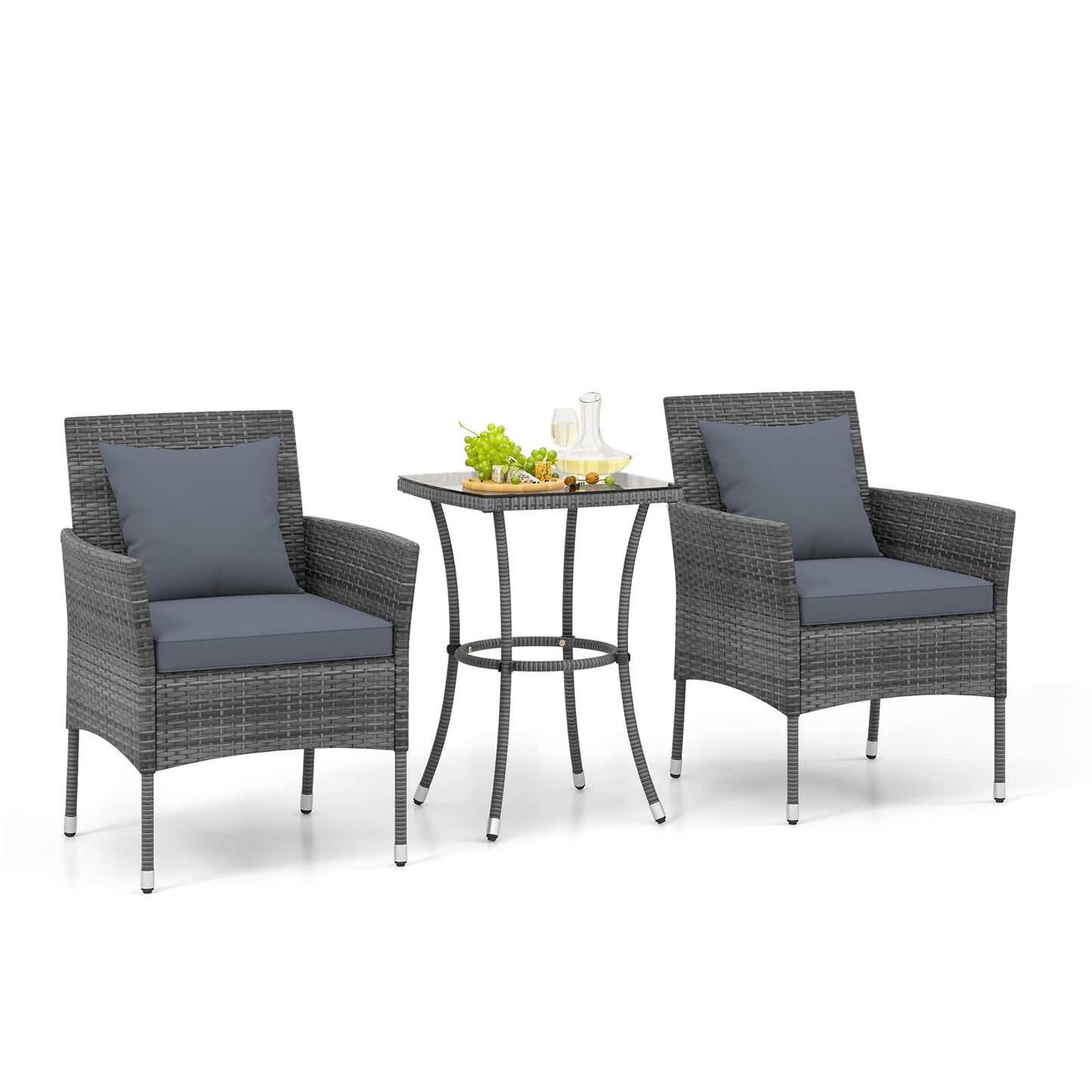 Tuinmeubelset – Tuinset – Tuinlounge – Balkonset – Loungeset – Poly Rattan – Glazen Tafel – Inclusief Kussens – Weerbestendig – Compact Design