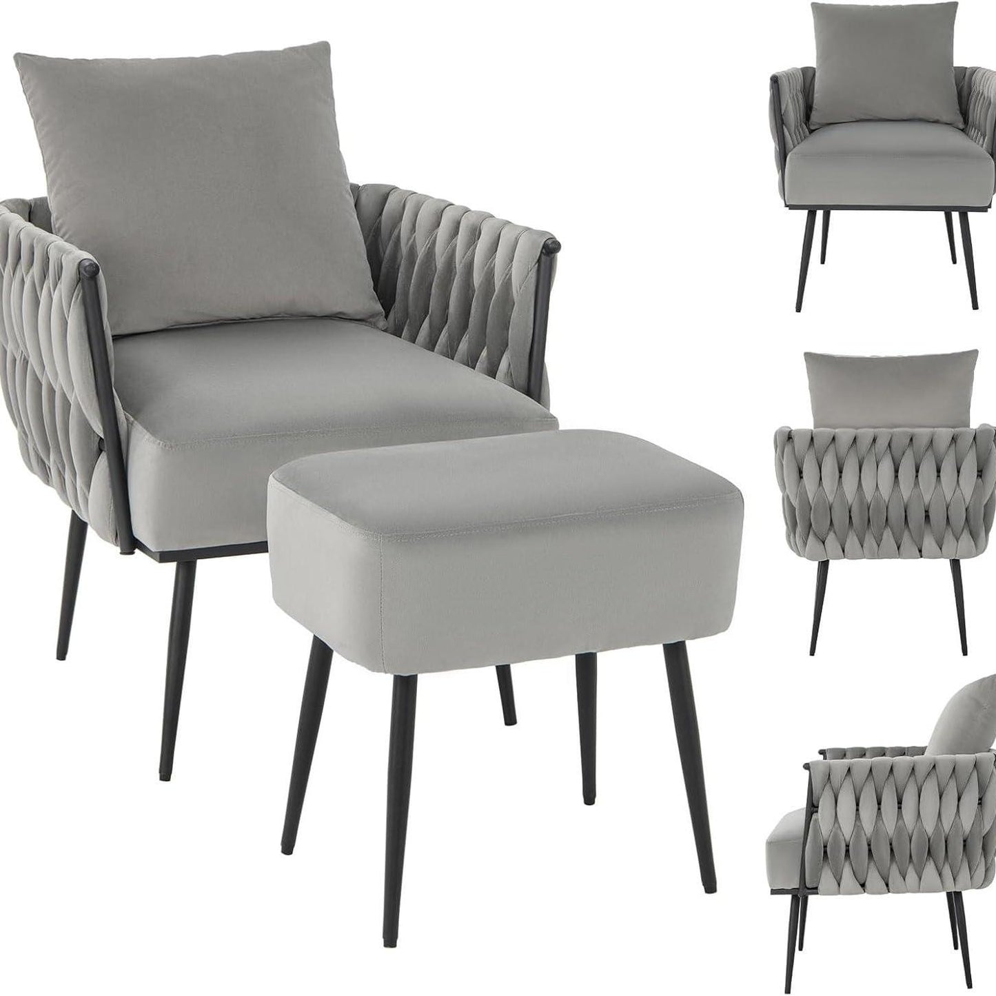 Fauteuil – Relaxstoel – Leesstoel – Loungefauteuil – Tv-stoel – Grijs Velours – Met Hocker – Ergonomische Halfronde Rugleuning