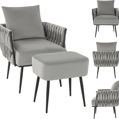 Fauteuil – Relaxstoel – Leesstoel – Loungefauteuil – Tv-stoel – Grijs Velours – Met Hocker – Ergonomische Halfronde Rugleuning