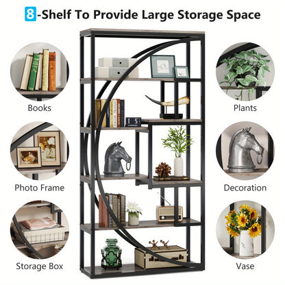 Boekenkast – Vakkenkast – Boekenrek – Opbergkast – Wandkast – 6 Lagen – Geometrisch Design – 179,83 cm Hoog – Retrogrijs Hout Met Zwart Metaal – Sterk En Duurzaam – Eenvoudig Te Monteren