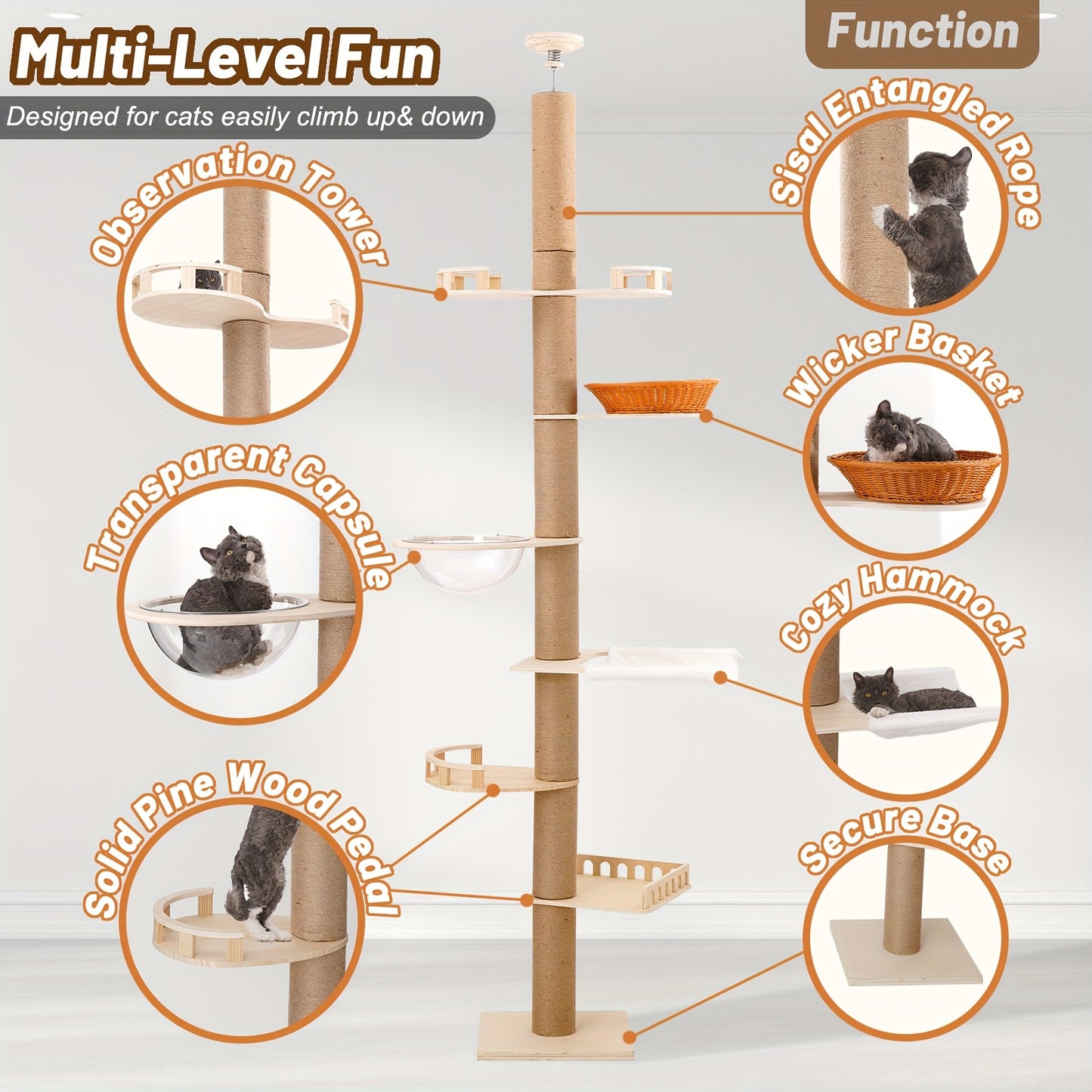 Krabpaal – Kattenboom – Kattenkrabpaal – Kattentoren – Kattenmeubel – Verstelbaar 250-260 cm – Natuurlijke Sisal Touw