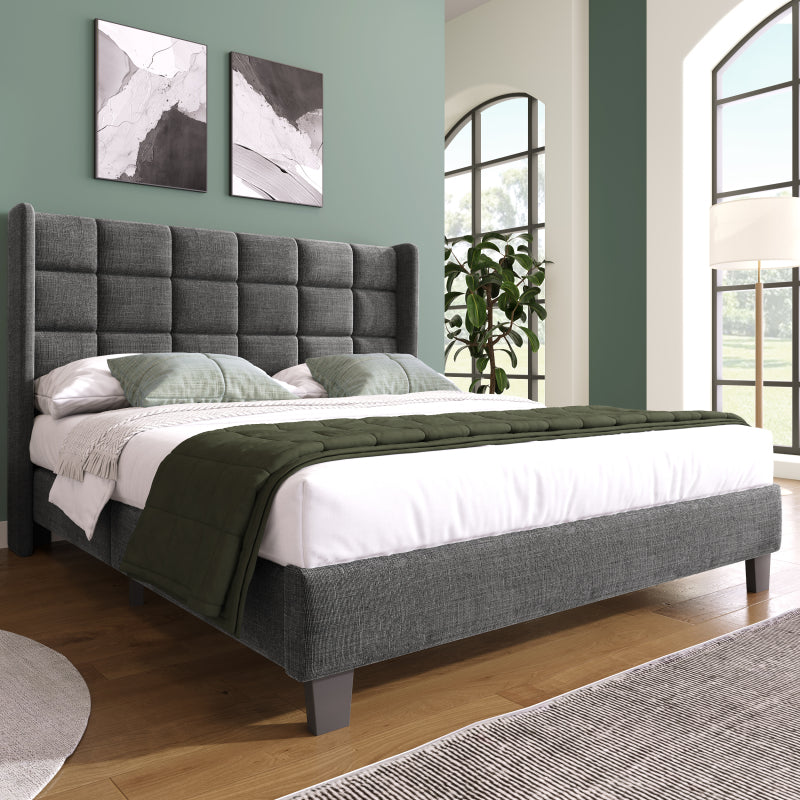 Bedframe – Tweepersoonsbed – Gestoffeerd Bed – Boxspringbed – Slaapbank – Stevig Met Linnen Stof – Padded Hoofdeinde – 140x200 cm