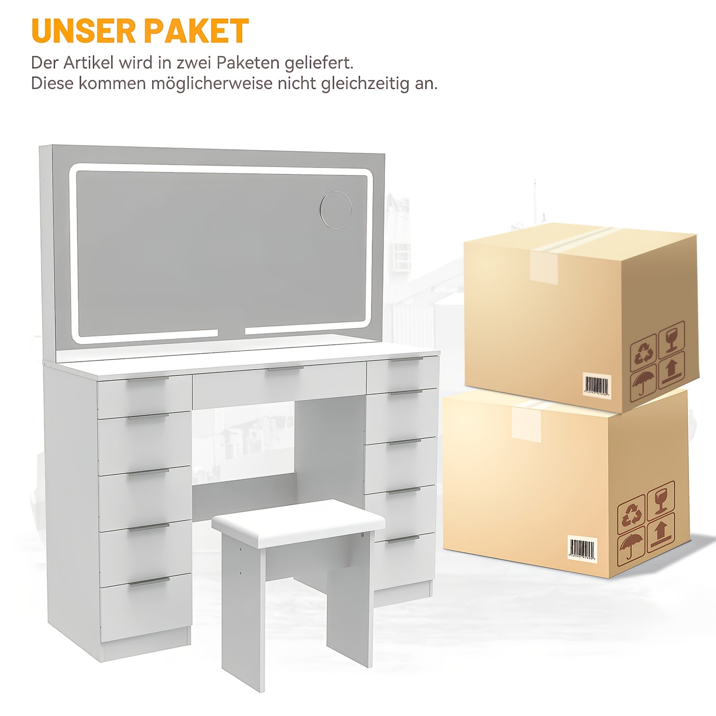 Kaptafel – Make-up Tafel – Toonbank – Dressoir – Schoonheidstafel – Wit – 11 Lades – Verstelbare LED Spiegel – Glazen Tafelblad – Inclusief Krukje