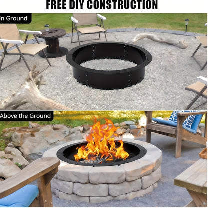 Large Heavy-Duty Fire Pit Ring - 48"/60" (122/152cm) Diameter Outdoor Fire Pit, Quick DIY No-Tool Assembly, In-Ground/above-Ground Use, Carbon Coated for Rustproof Durability - Backyard, Garden, Camping, Bonfire Pit