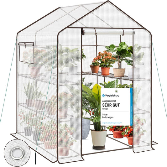 Meerlaagse Kas – Standaard Kas – Plantenkas – Balkon Kas – Tuinkas – Roestvrij Staal Frame – 10 Verstelbare Planken – Ademend PE-Materiaal – Ventilatieopeningen – 145x145x200 cm – Witte Variant