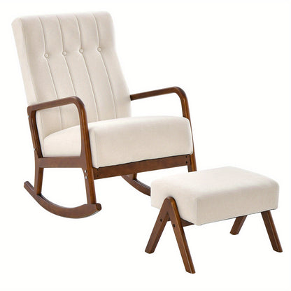 Schommelstoel Met Hocker – Rocking Chair – Relaxstoel – Lounge Stoel – Stoel Met Voetensteun – Wit Katoen Linnen – Ergomisch Design – Houten Frame
