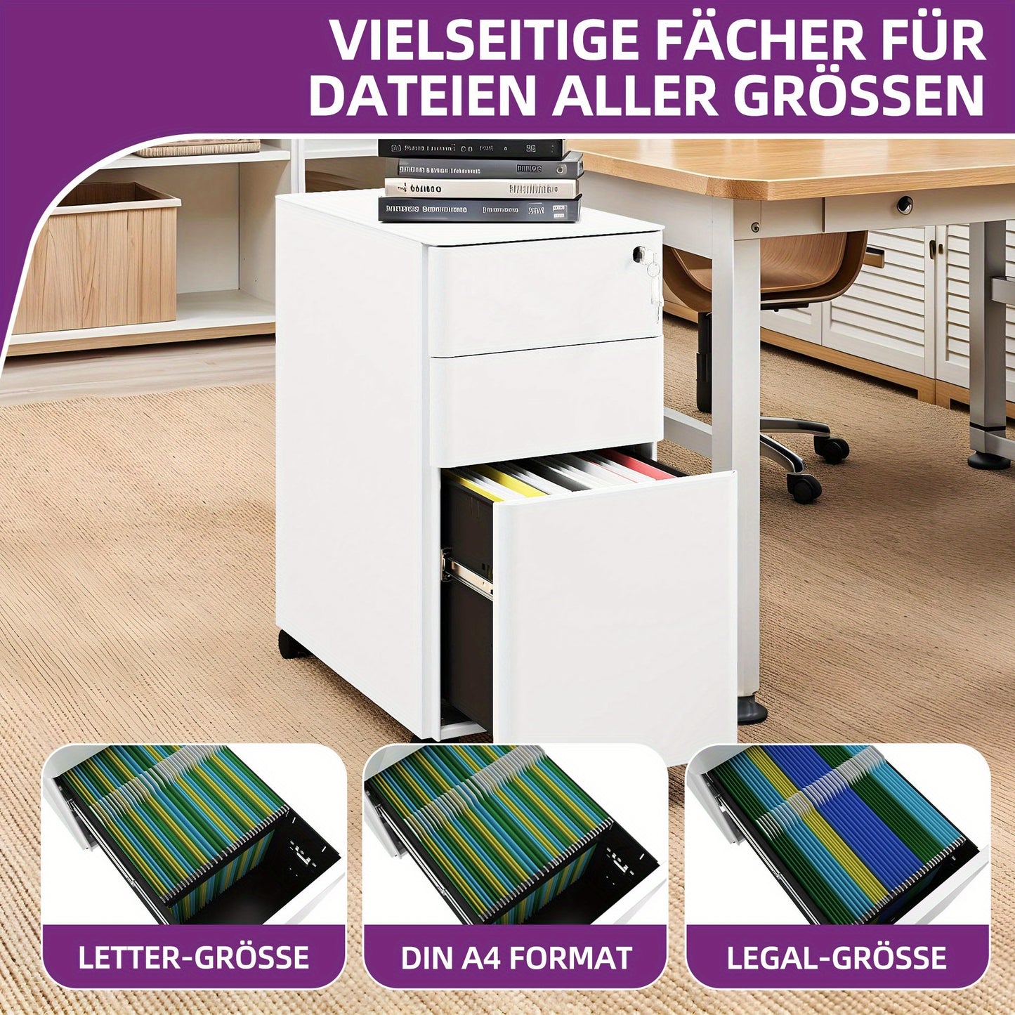 Witte Metalen Ladekast – Opbergkast – Archiefkast – Documentenlade – Bureaukast – Mobiel Met Wieltjes – Duurzaam Roestvrij Staal – 30x46x59 cm – Geschikt Voor A4 En Legal Dokumenten – Gebruiksklaar Geassembleerd