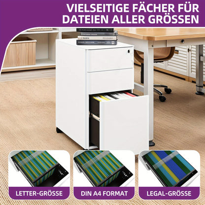 Witte Metalen Ladekast – Opbergkast – Archiefkast – Documentenlade – Bureaukast – Mobiel Met Wieltjes – Duurzaam Roestvrij Staal – 30x46x59 cm – Geschikt Voor A4 En Legal Dokumenten – Gebruiksklaar Geassembleerd