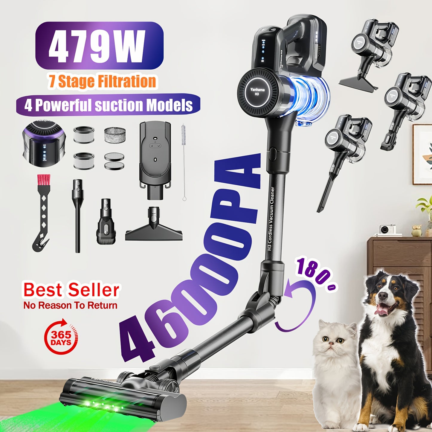 Yanhama Handheld Cordless Vacuum Cleaner, Quiet, 4-speed Adjustment, Long Battery Life, 60 Minutes Of Use, LED Display Screen, Suitable For Pet Hair/floor/carpet, Wall Mounted Charging