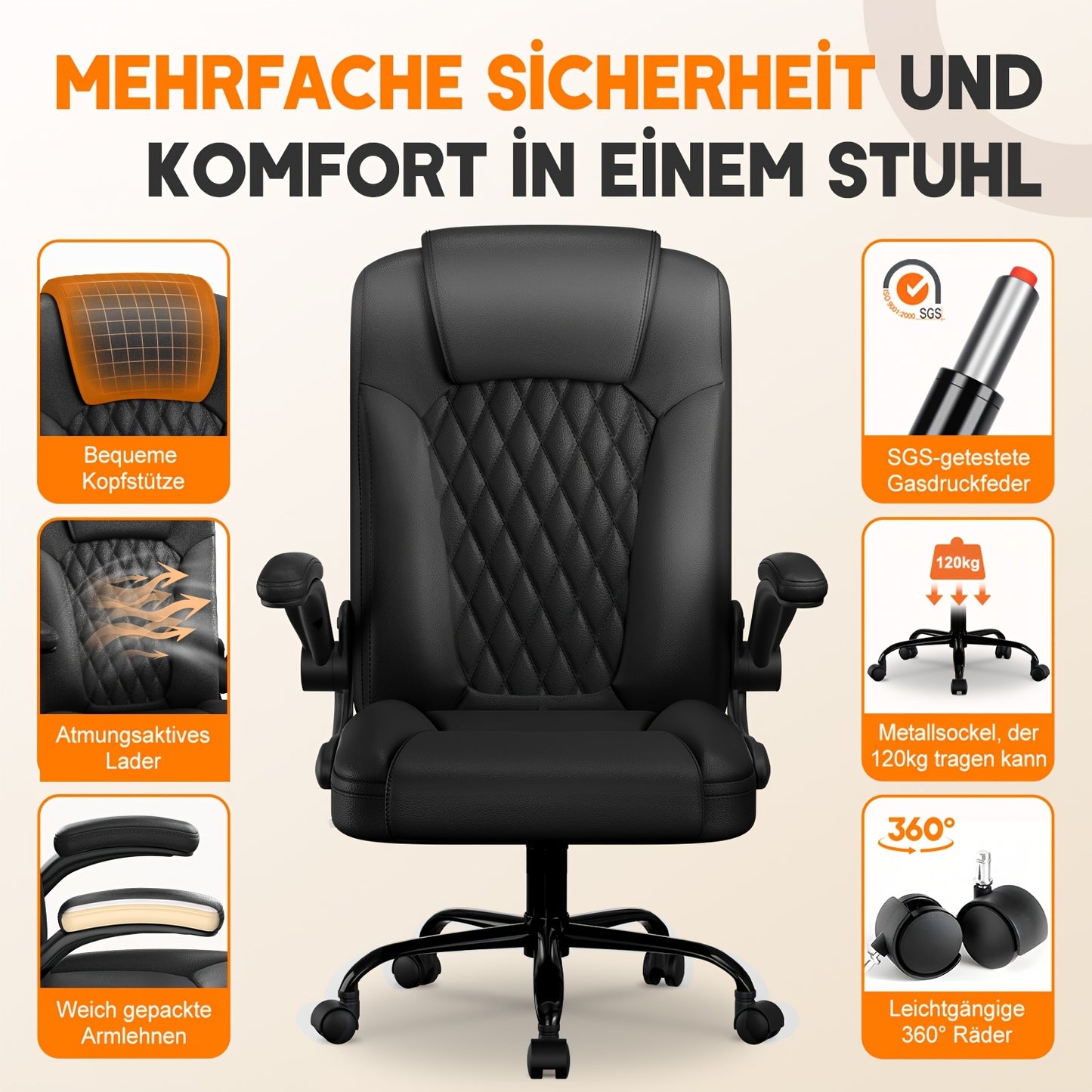 Bureaustoel – Bureaustoel Ergonomisch – Draaistoel – Werkstoel – Comfortabele Stoel – Inklapbare Armleuningen – Verstelbare Zithoogte – Kantelbare Rugleuning – Zwart