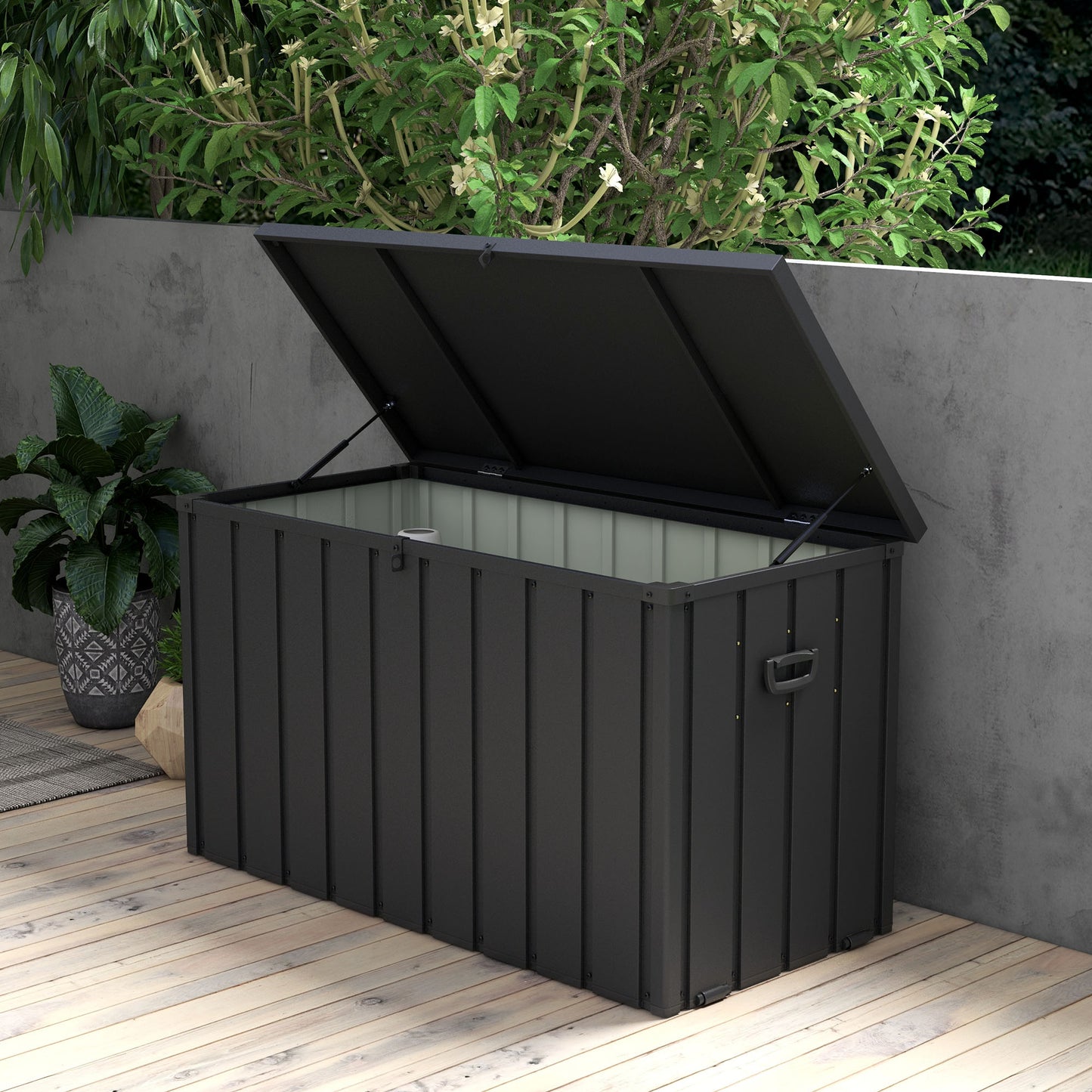 Tuinkist – Opbergbox – Kussenbox – Tuinopbergbox – Tuinbox – 450 Liter Inhoud – Stalen Behuizing Met Gasveer Deksel