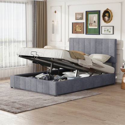 Tweepersoonsbed – Bed – Bedframe – Platformbed – Opbergbed – Gestoffeerd Linnen Beige – Hydraulische Opbergruimte – 140x200 cm