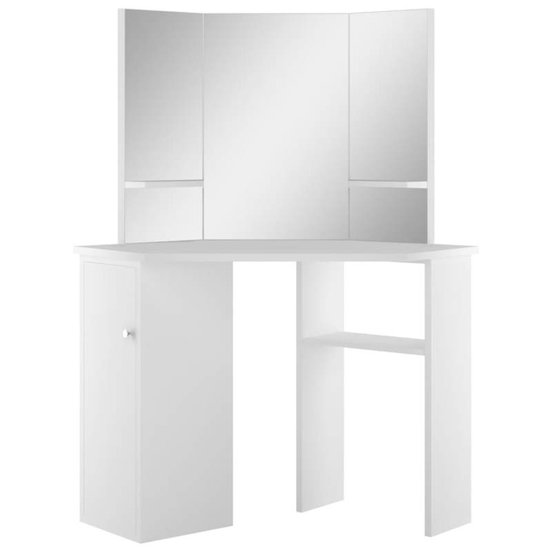 White Modern Corner Makeup Vanity Table with Oak Veneer - Space-Saving Curved Design, Easy Assembly, 3.2 Cu Ft, Low-Profile Height (<68.58cm) Freestanding Dressing Table for Small Bedrooms & Dressing Rooms (Engineered Wood)