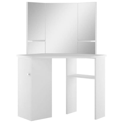 White Modern Corner Makeup Vanity Table with Oak Veneer - Space-Saving Curved Design, Easy Assembly, 3.2 Cu Ft, Low-Profile Height (<68.58cm) Freestanding Dressing Table for Small Bedrooms & Dressing Rooms (Engineered Wood)