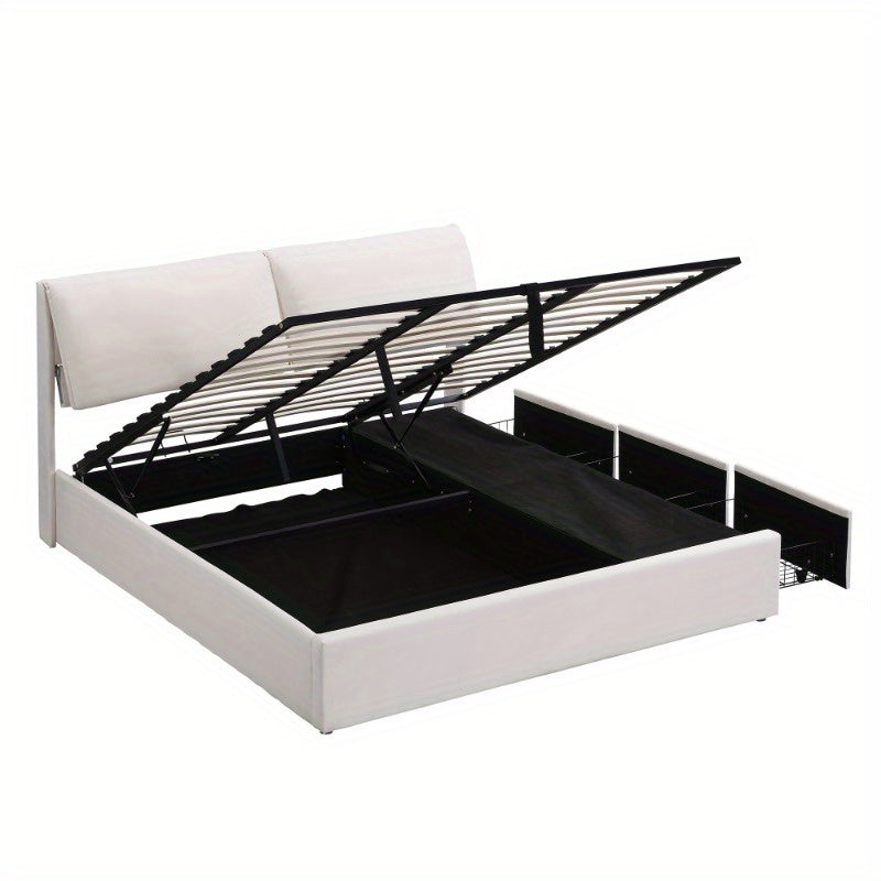 Opbergbed – Opbergbedframe – Hydraulisch Bed – Gestoffeerd Bed – Tweepersoonsbed – 180x200 cm – Beige Fluweel – Met Hoofdeinde & 3 Metalen Lades – Lattenbodem Zonder Matras