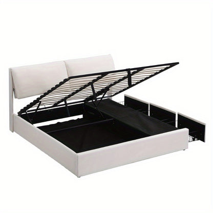 Opbergbed – Opbergbedframe – Hydraulisch Bed – Gestoffeerd Bed – Tweepersoonsbed – 180x200 cm – Beige Fluweel – Met Hoofdeinde & 3 Metalen Lades – Lattenbodem Zonder Matras