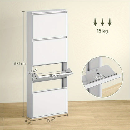 Shoe cabinet with 4 flaps, narrow shoe cabinet for 8 pairs of shoes Shoe rack Shoe drawer Wall-mounted shoe rack for entrance halls and corridors 55 x 15 x 139.5cm white