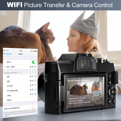 Vlogcamera – Digitale Camera – Compact Camera – Fototoestel – Selfiecamera – 48MP Sensor – 4K Video – WiFi & App Bediening – Zwart