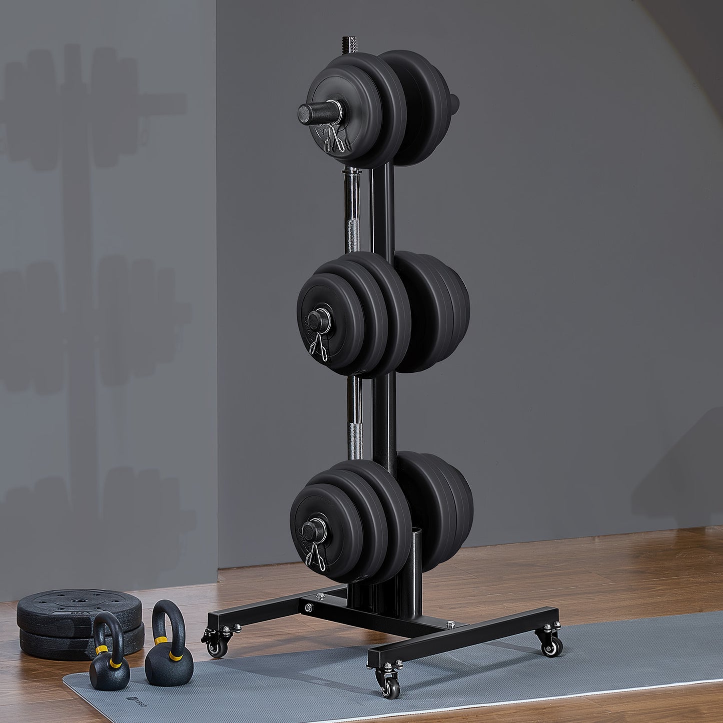 Verticaal Gewichtenschijf Rek – Gewichtshouder – Barbell Rek – Gewichtenschijven Opberger – Fitness Rek – Met Wielen – Robuuste Stalen Constructie – Draagt Tot 450 kg Veilig