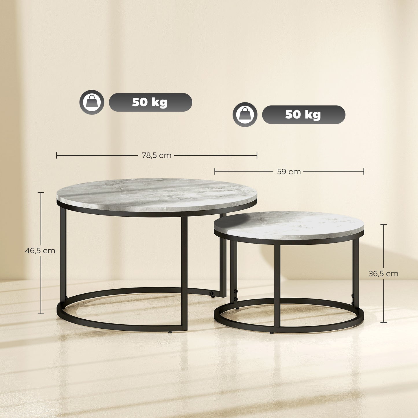 Bijzettafel – Bijzettafels – Salontafel – Sidetable – Banktafel – Industrieel Design – Metalen Frame – Betonlook – Set Van 2 Ronde Tafels
