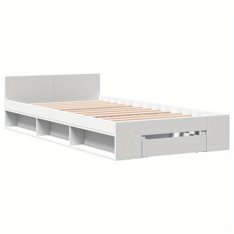 White Bed Frame with Drawer, 100X200 Cm, Made of Multilayer Wood, Removable And Sturdy.