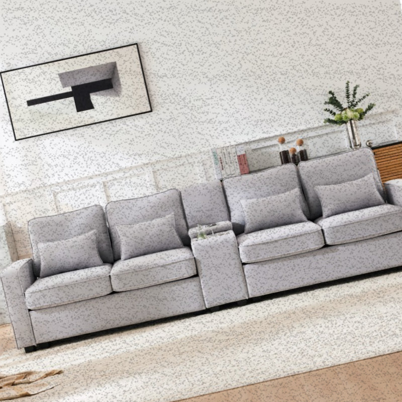 Bankstel – Hoekbank – 4-zitsbank – Slaapbank – Zitbank – Linnen Stoffering – Ingebouwde Console Met 2 Bekerhouders – Armleuning Met Opbergvakken – 4 Comfortabele Kussens – Duurzaam Gemengde Kleuren – Modern Minimalistisch Design
