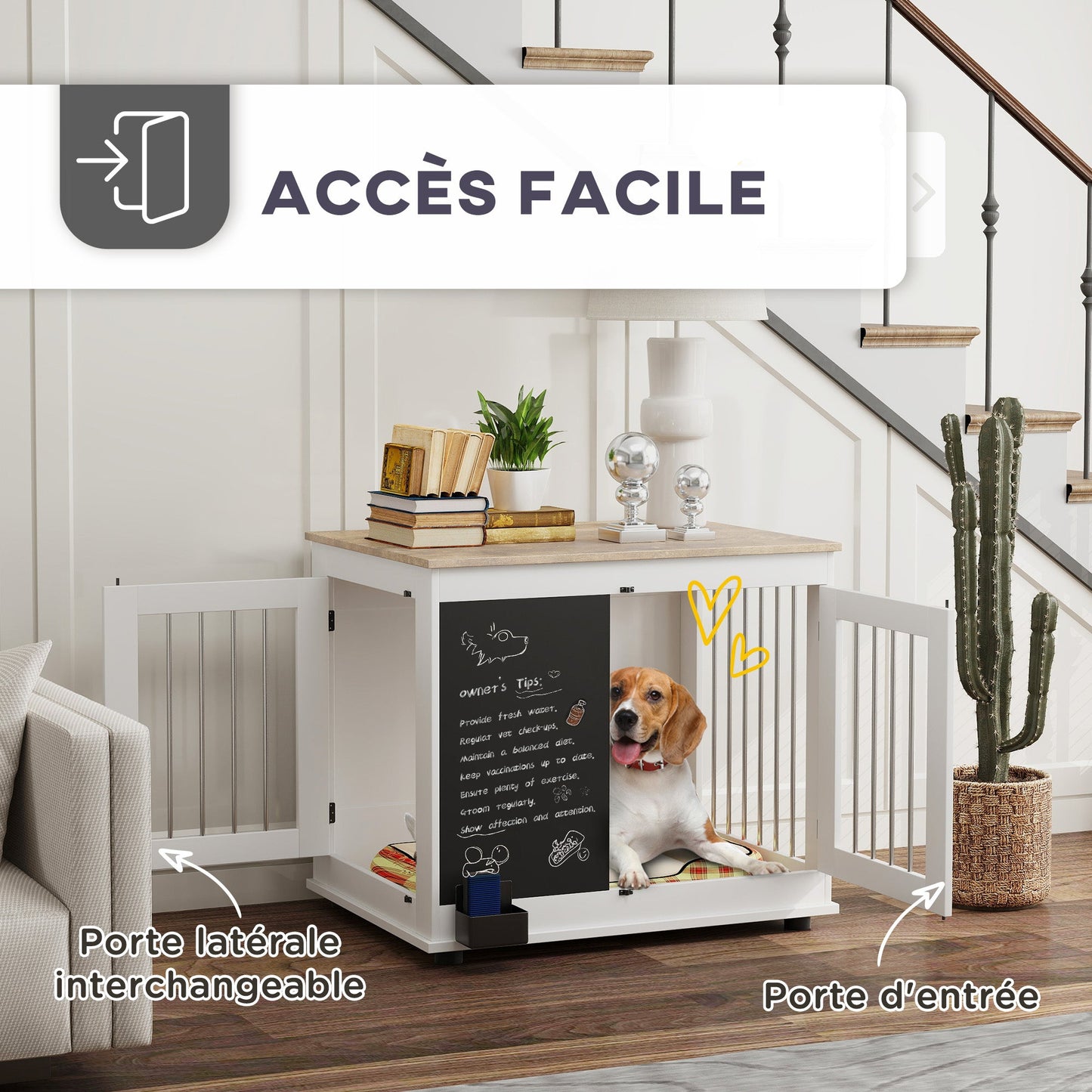 Hondenbench – Hondenkooi – Mand – Hondenhok – Binnenkennel – Middelgrote Hond – Drie Deuren – Multifunctionele Bijzettafel – Wit – 80x60x70 cm – Met Krijtbord