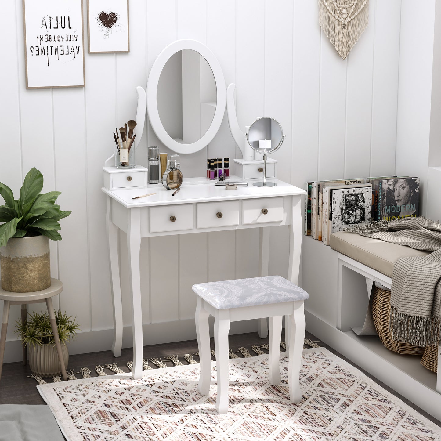 Kaptafel – Make-uptafel – Schminktafel – Beautytafel – Dressingtable – Barokstijl – Kantelbare Ovale Spiegel – 5 Ruime Lades – MDF & Massief Houten Poten – Comfortabele Kruk met Foamvulling – Wit – 80x40x140 cm
