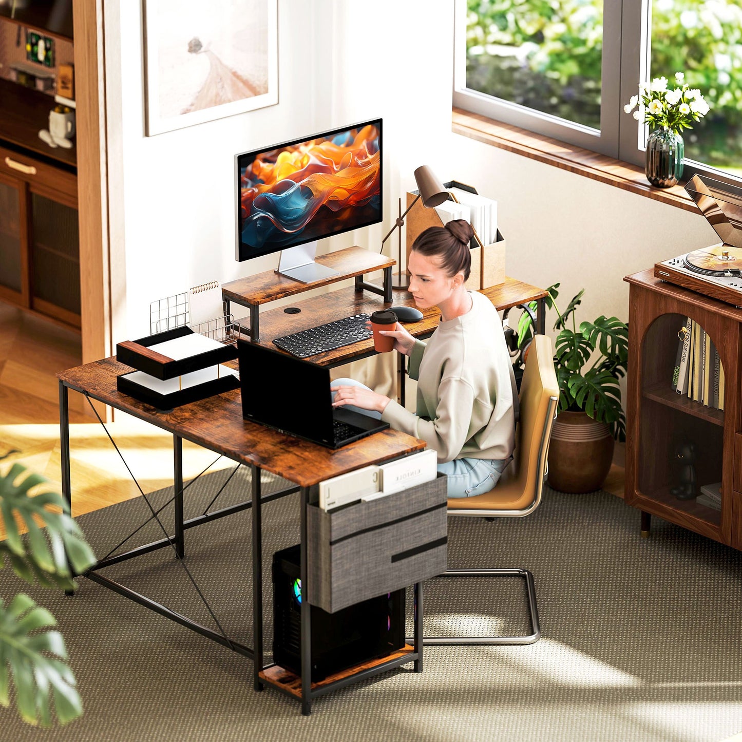 L-vormig Bureau – Hoekbureau – Thuiswerkplek Bureau – Werktafel – Computerbureau – Verstelbare Planken – Ergonomische Monitorstandaard – Rustieke Bruine Afwerking