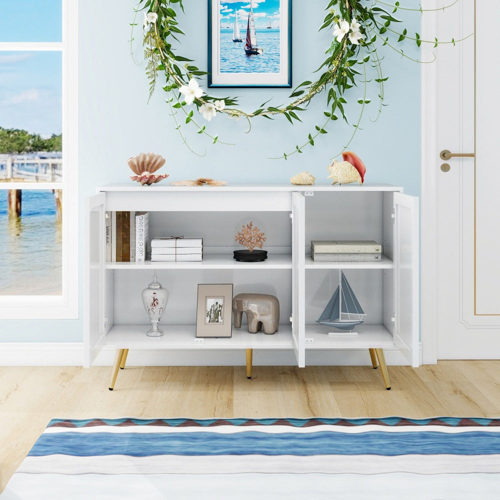 Dressoir – Kast – Sideboard – Opbergmeubel – Schoenenkast – Wit – 3D Geëtst – Gouden Metalen Poten – 120x40x80 cm – Smal Verticaal Design