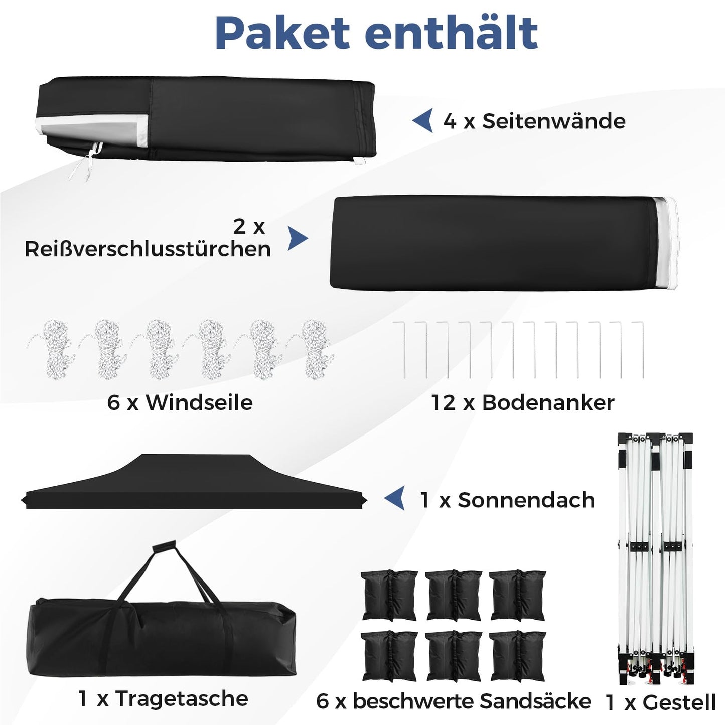 Paviljoen – Tuinpaviljoen – Partytent – Tenten – Evenementen Tent – 3 x 6 m – Waterdicht Oxford Stof met UV-bescherming 50+ – Inclusief 6 Zijwanden en 6 Zandzakken – Zwart