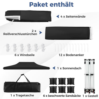 Paviljoen – Tuinpaviljoen – Partytent – Tenten – Evenementen Tent – 3 x 6 m – Waterdicht Oxford Stof met UV-bescherming 50+ – Inclusief 6 Zijwanden en 6 Zandzakken – Zwart