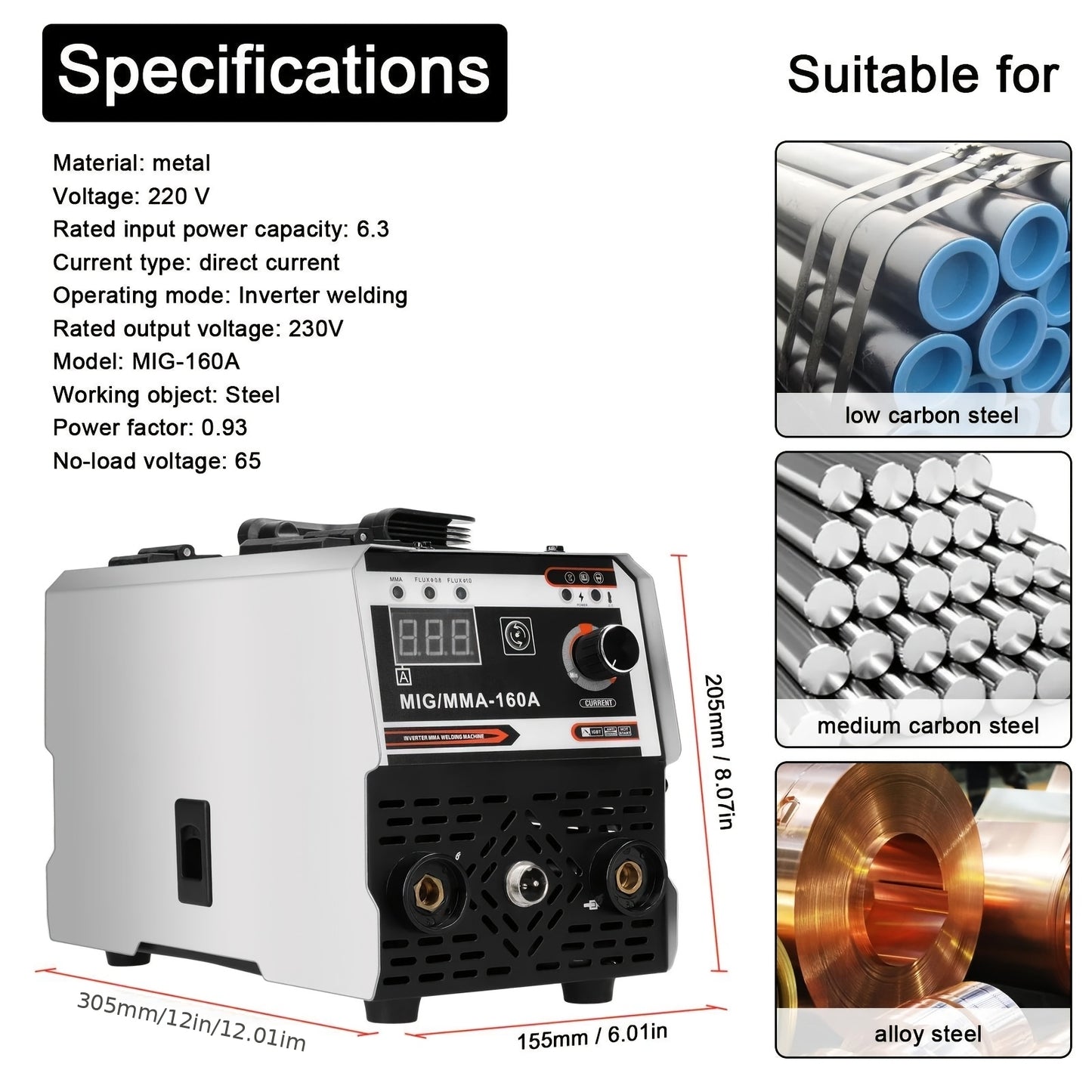 Lassenapparaat – Lasmachine – Elektrode Lasser – Booglasapparaat – Inverter Lasapparaat – 2-in-1 MIG MMA Lassen – TIG LIFT Functie – Gasloos – Stevige Metalen Behuizing – 220V Europese Stekker