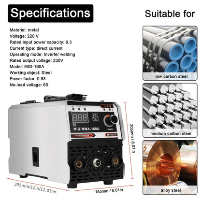 Lassenapparaat – Lasmachine – Elektrode Lasser – Booglasapparaat – Inverter Lasapparaat – 2-in-1 MIG MMA Lassen – TIG LIFT Functie – Gasloos – Stevige Metalen Behuizing – 220V Europese Stekker