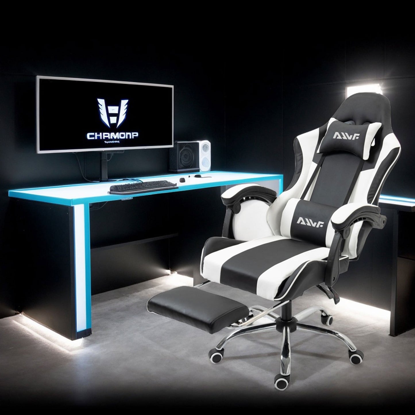 Gamestoel – Gaming Stoel – Game Stoel – Gaming Chair – Bureaustoel – Ergonomisch Met Verstelbare Rugleuning – Inklapbare Voetensteun – Kunstleder – 360° Draaibaar - Zwart-Wit