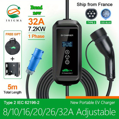 Oplader Elektrische Auto – EV Lader – Thuislader – Mobiele Oplader – Laadkabel EV – 7,2 kW 32A – Type 2 Kabel TPU 5 Meter – Draagbaar Met Wandhouder