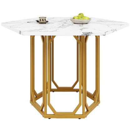 Hexagon Marble Table - White & Grey Veining Marble Top with Golden Metal Legs, Modern Retro Hexagonal Dining Desk, No Assembly Required, Marble Countertop Kitchen/Breakfast Table for Small Spaces, Durable Non-Wood Furniture