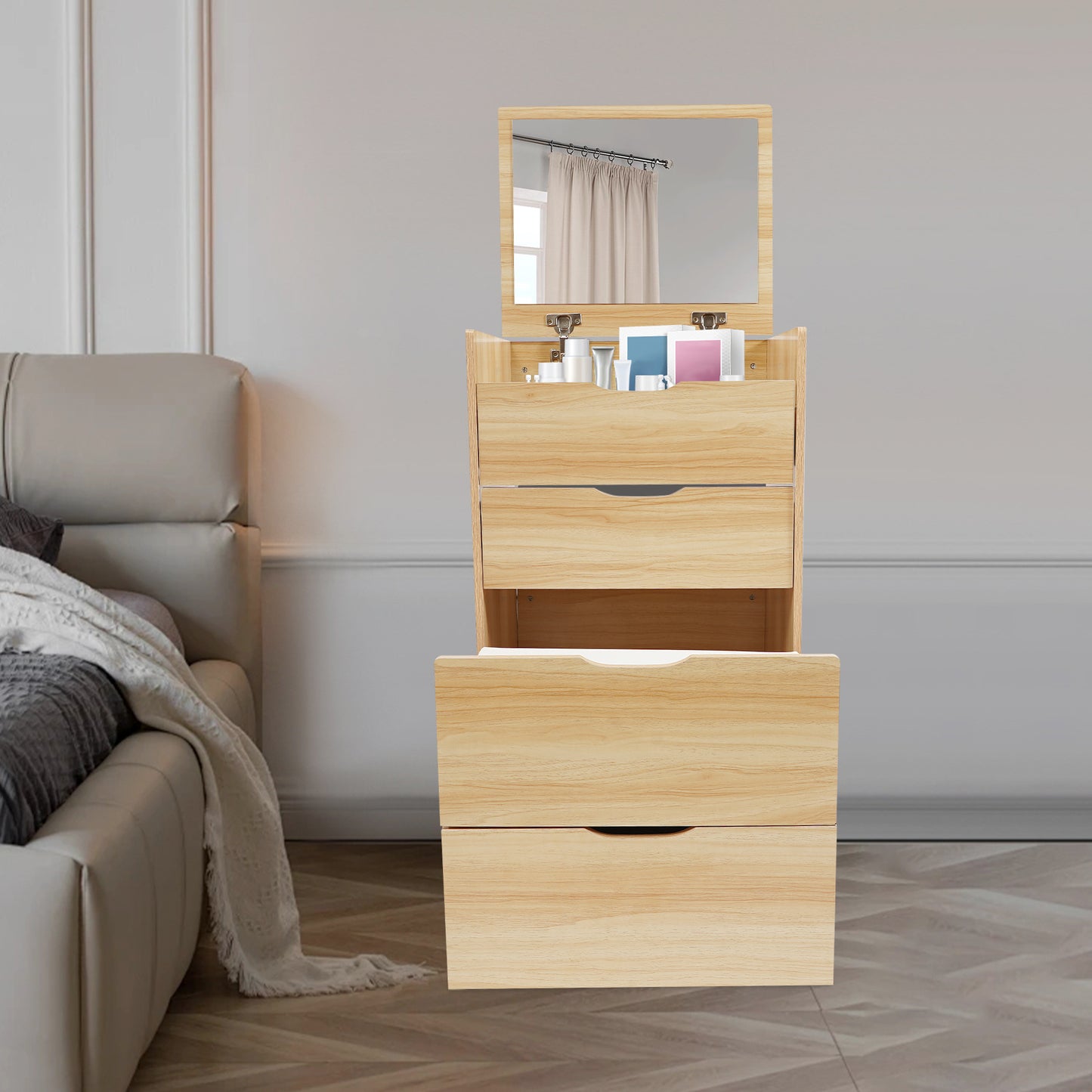 CNCEST Modern Compact Vanity Desk with Makeup Stool - 3-Drawer Storage, Flip-Top Mirror, Space-Saving Design, Sturdy Hardwood Construction, Cream White/Cream Pink/Log Finish for Small Spaces, Dorm, Apartment, Studio, Makeup V