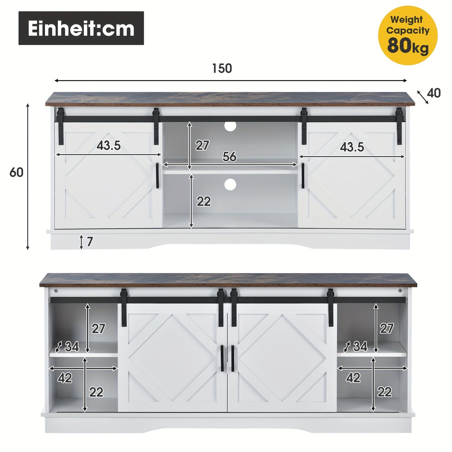 TV Meubel – TV Kast – TV Meubelkast – Entertainmentmeubel – Mediameubel – Grote Schuifdeuren – Stevige Metalen Constructie – 150x41x61 cm – Ruime Opbergruimte – Modern Design