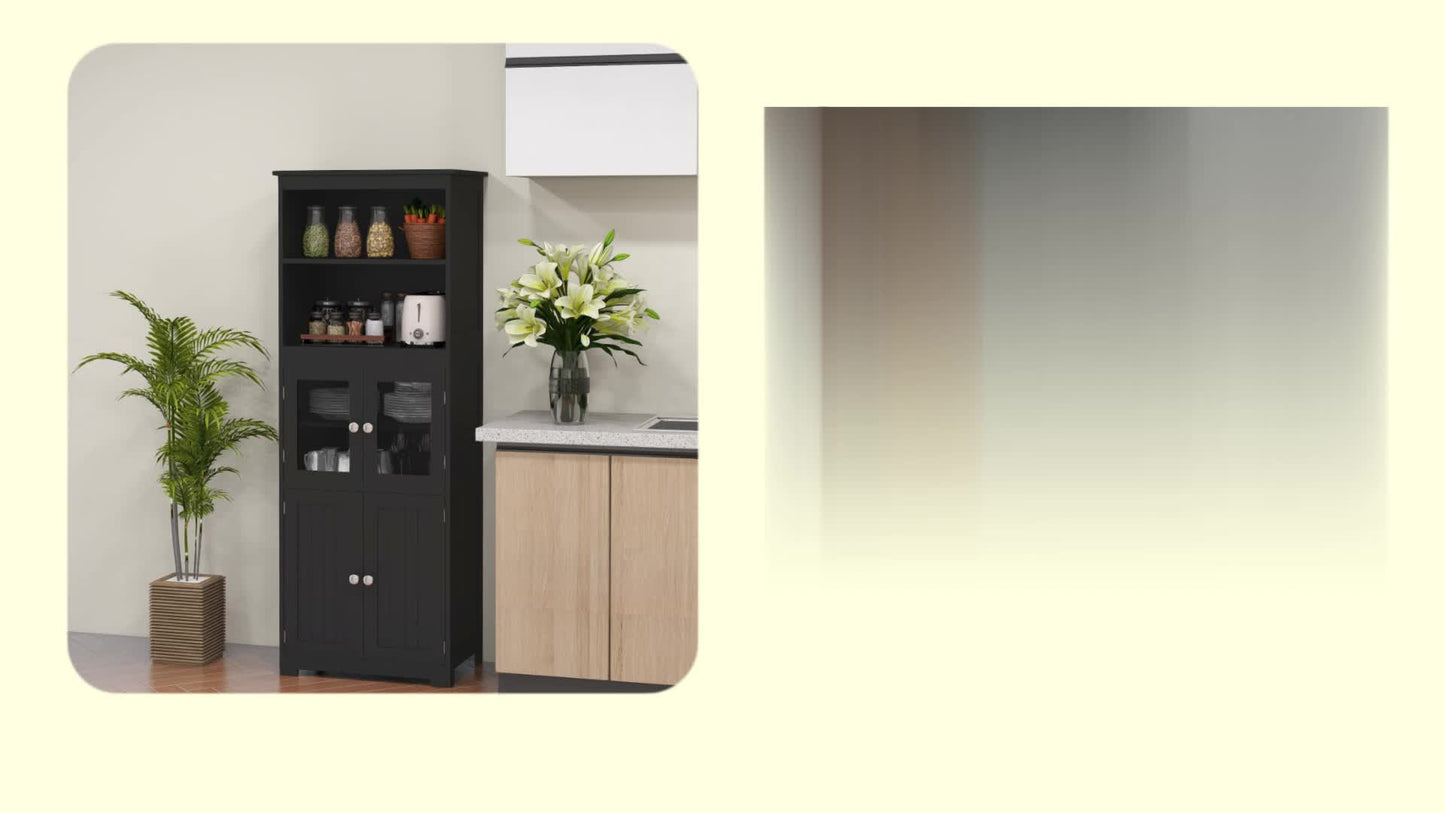 Keukenopbergkast – Keukenkast – Buffetkast – Dressoir – Sideboard – Zwart MDF Met Glazen Deuren – 60x30x162 cm – Verstelbare Plank