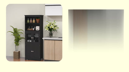 Keukenopbergkast – Keukenkast – Buffetkast – Dressoir – Sideboard – Zwart MDF Met Glazen Deuren – 60x30x162 cm – Verstelbare Plank