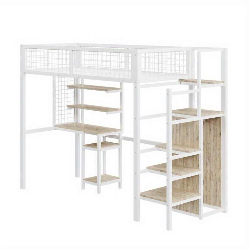 Hoogslaper – Kinderhoogslaper – Stapelbed – Eenpersoonsbed – Kinderbed – Met Veiligheidsladder – Metalen Kledingkast en Wit Bureau – 90x200 cm – Ruimtebesparend Design