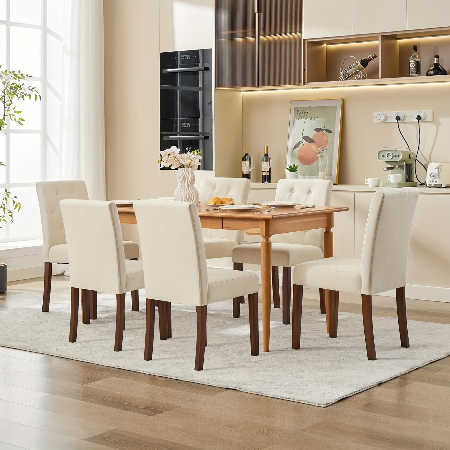 Eetkamerstoelen – Stoelen – Dining Chairs – Keukenstoelen – Zitmeubels – Beige Set van 2 – Stevig Houten Frame – Comfortabele Gevoerde Zitting