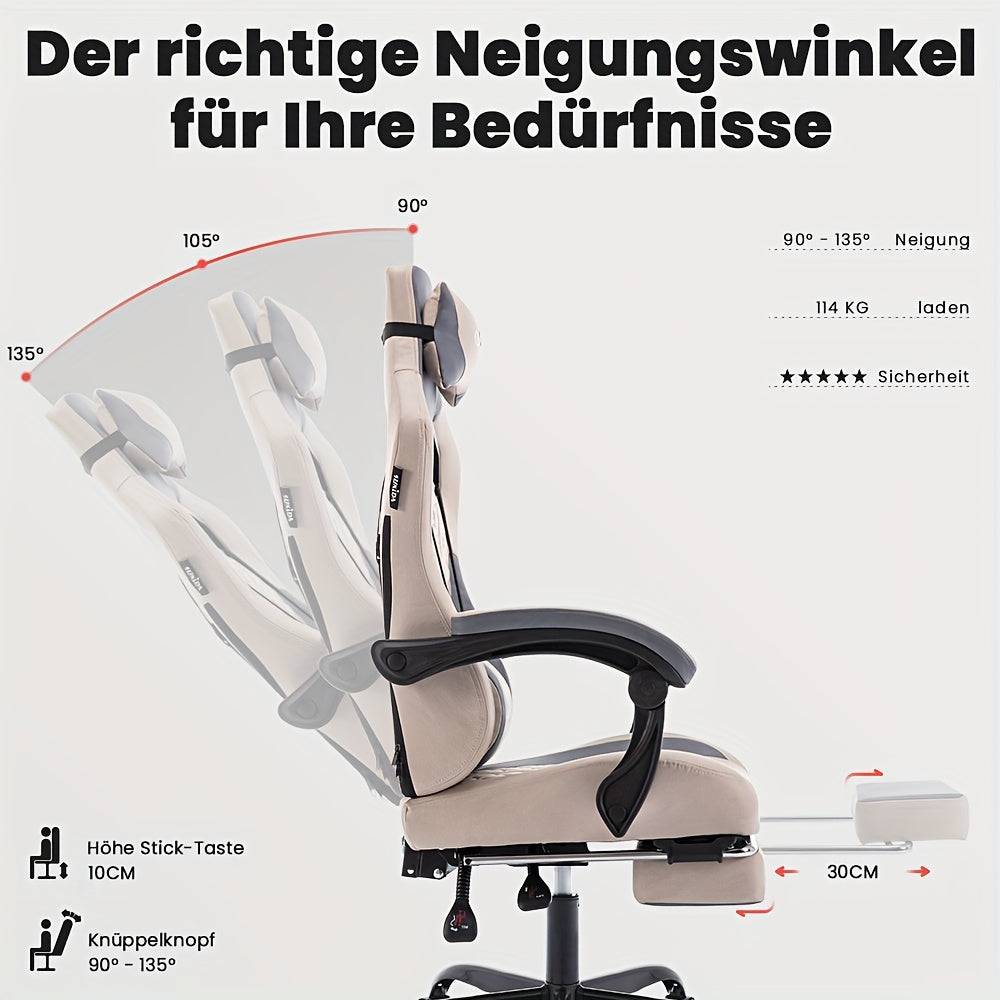 Gamingstoel – Gamestoel – Gaming Chair – Game Stoel – Bureaustoel – Ergonomisch Ontwerp – Verstelbare Voetensteun & Hoofdsteun – Beige Met Lendensteun
