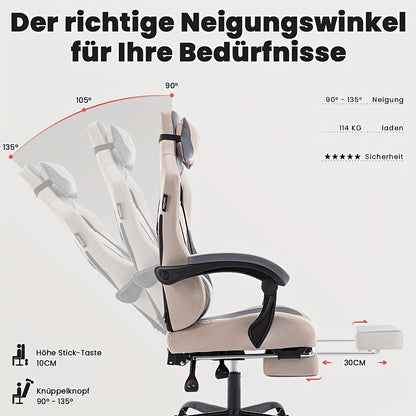 Gamingstoel – Gamestoel – Gaming Chair – Game Stoel – Bureaustoel – Ergonomisch Ontwerp – Verstelbare Voetensteun & Hoofdsteun – Beige Met Lendensteun