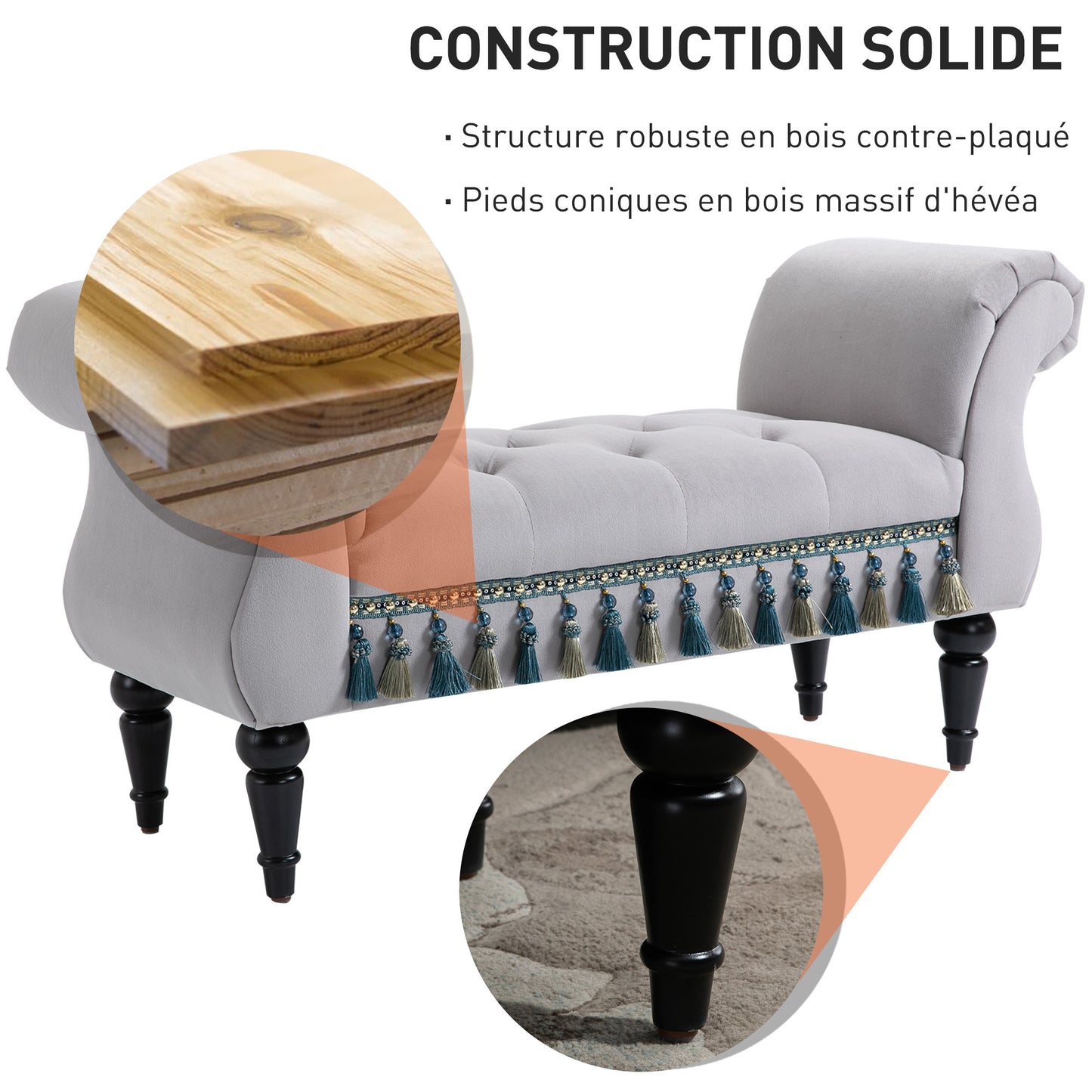 Velvet Bank – Zitbank – Loveseat – Slaapkamerbank – Halbank – Grijs – Compact Formaat – Massief Houten Poten