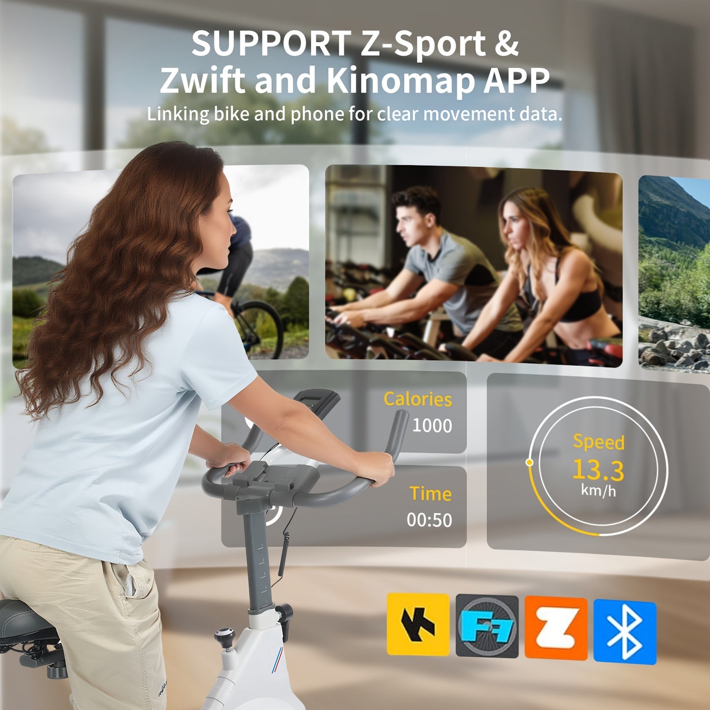 White Indoor Cycling Bike with 5kg Flywheel, Bluetooth App Connectivity (Kinomap), Heart Rate Monitoring, And 150kg Capacity - LCD Display for Speed, Calories, Time, Distance