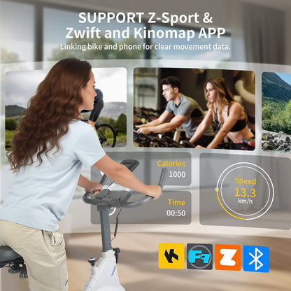 White Indoor Cycling Bike with 5kg Flywheel, Bluetooth App Connectivity (Kinomap), Heart Rate Monitoring, And 150kg Capacity - LCD Display for Speed, Calories, Time, Distance
