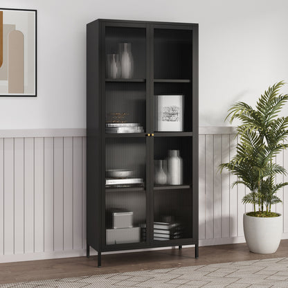 Vitrinekast – Vitrinekasten – Opbergkast – Displaykast – Glasdeurkast – Zwart – Staal – 180x80x35 cm – 4 Legplanken – Geribd Glas